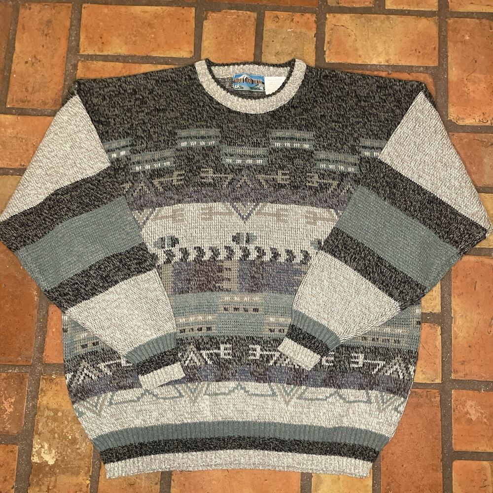 Wood Land Trail Sweater Men’s 1X Vintage Acrylic Knit Geometric Cosby Biggie
